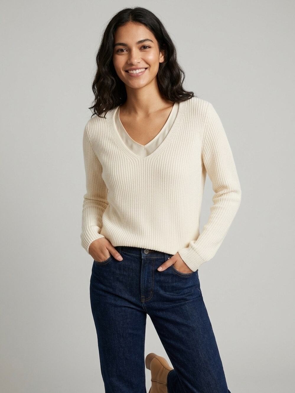 Crew Factory Women's Ivory Ribbed V-Neck Sweater Cotton Merino Wool Blend Small